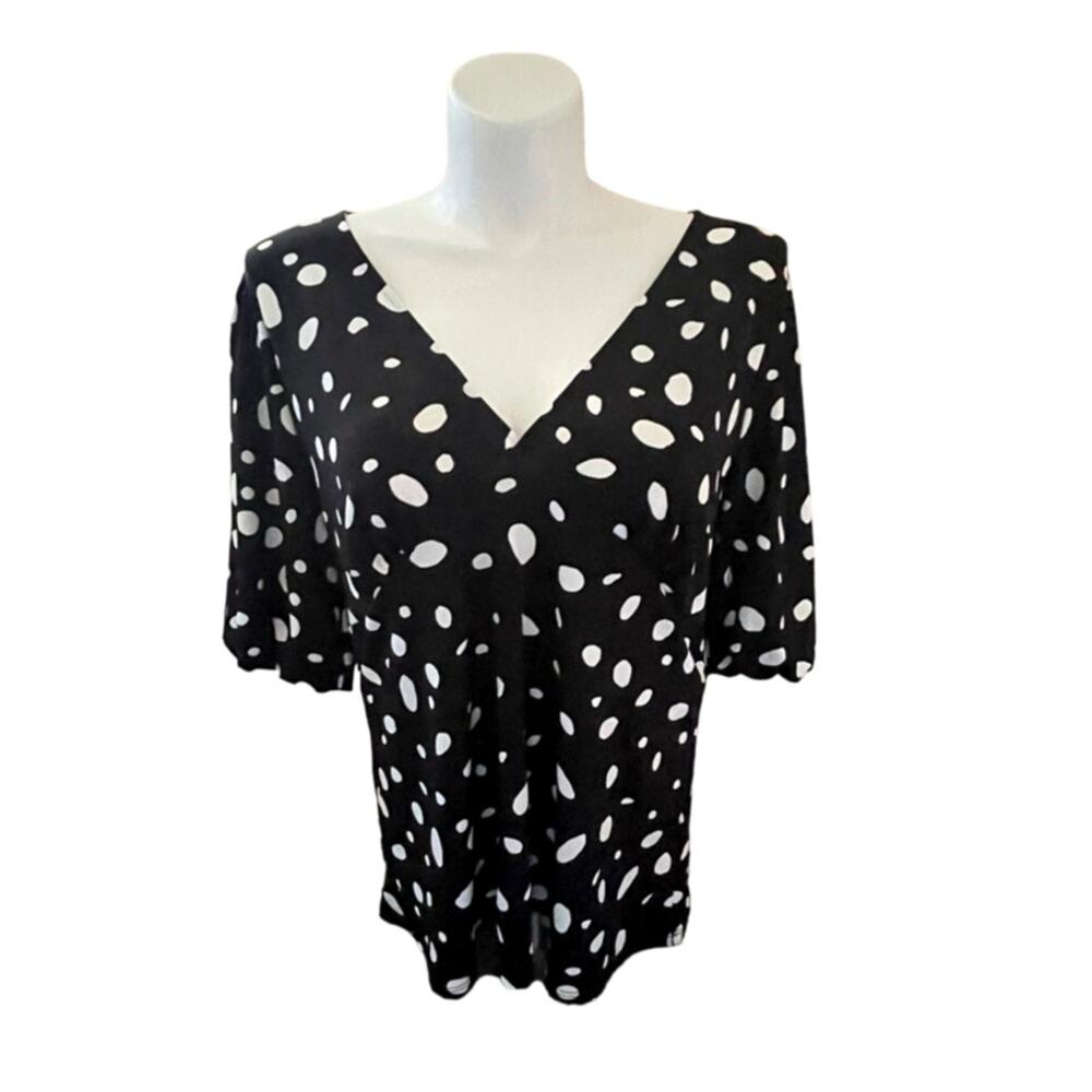 BEACON APPAREL SHORT BALLOON SLEEVE BLOUSE‎ BLACK WHITE POLKA DOTS SIZE 1X NWOT